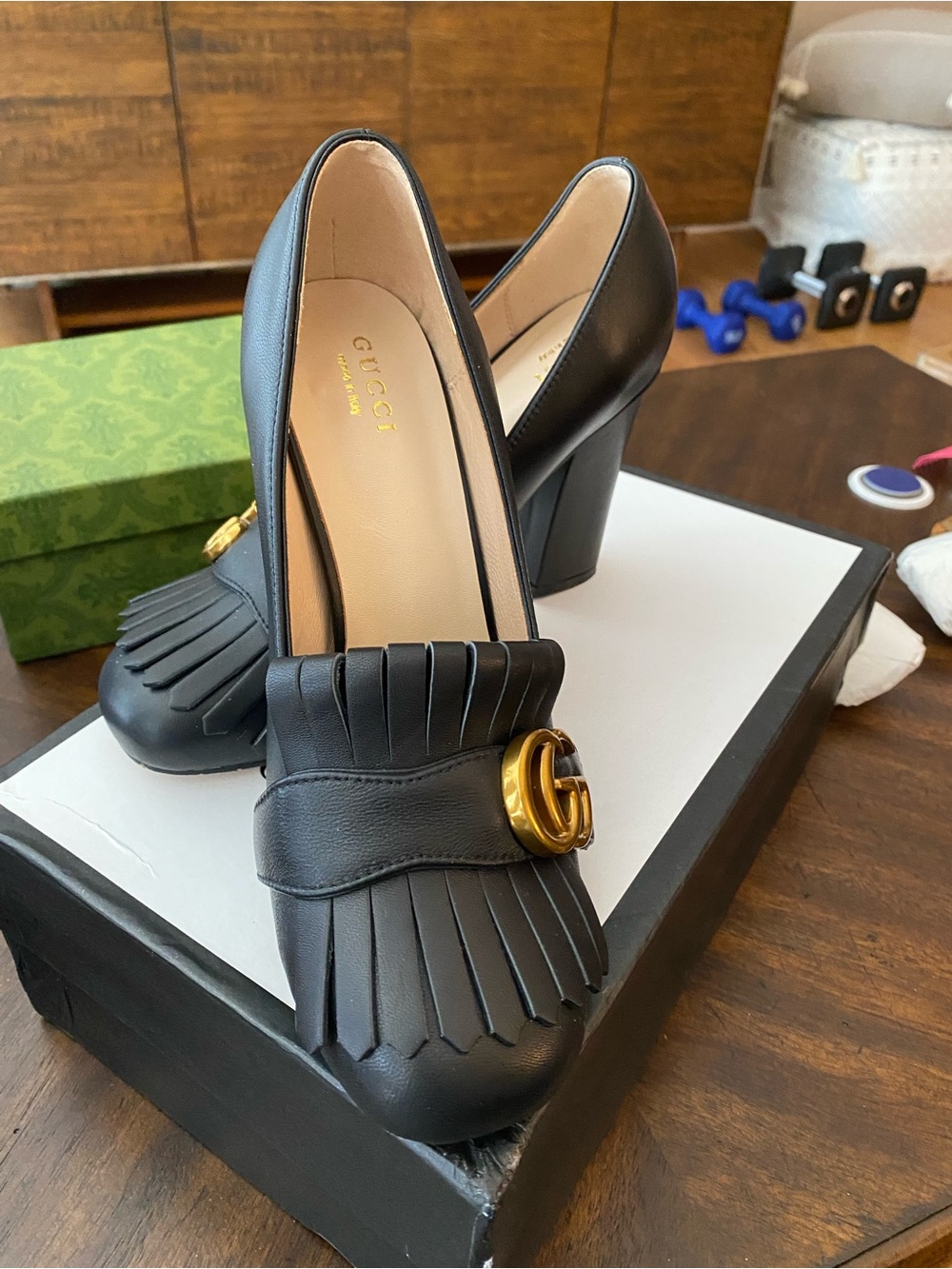Gucci Black Leather Fringe Pumps with Gold Double G Please Read Description